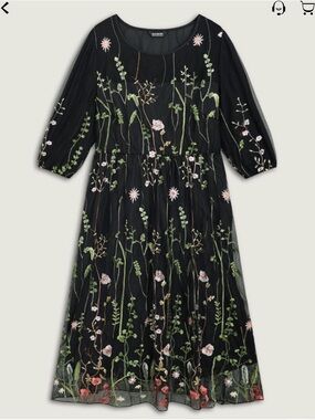 BloomChic Black Midi Dress with Green & Pink Floral Embroidery